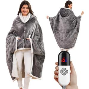 Klaggie Heated Shawl Wraps for Women, Wearable Heated Throw Blanket, Electric Heated Wrap Poncho with Pockets,6 Heating Levels 4 Hours AutoOff, Overheat Protection Machine Washable, 50”x64”, Grey