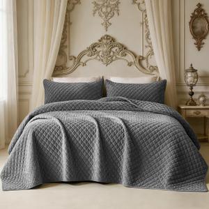 Velvet California King Quilt Size Set 106x118 Luxury Soft Bedspread Coverlet 3-Piece King Comforter Sets with 2 Pillow Shams 20x36 Super Cozy for All Seasons Velvet Bedding Set, Gray