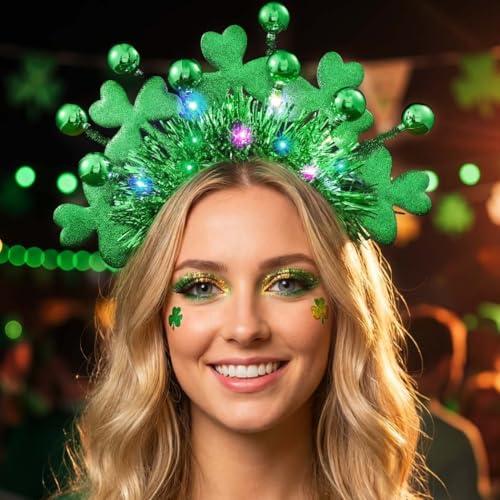 CAKURE Light Up St Patricks Day Headband Green Shamrock Headpiece Irish Day Hair Accessories for Women