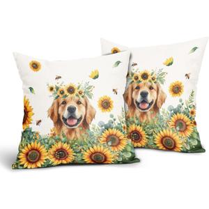 Sunshine Dog Pillow Covers 18x18in Set of 2 Yellow Sunflower Golden Retriever Puppy Throw Pillowcases Summer Bees Floral Cotton Linen Sofa Couch Patio Bedroom Cuchion Cover Decor
