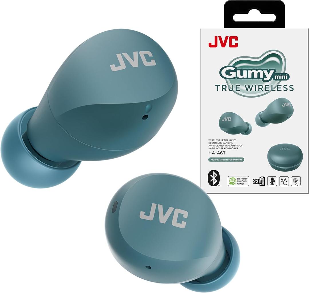 JVC Compact and Lightweight Gumy Mini True Wireless Earbuds Headphones, Long Battery Life (up to 23 Hours), Sound with Neodymium Magnet Driver, Water Resistance (IPX4) - HAA6TZ (Green)