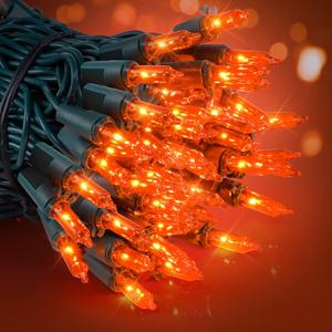 woohaha Outdoor Halloween Lights, 2PACK 13ft 50 Count Incandescent Blubs & Green Wire Mini Lights, 120 V High-Voltage Connectable Light String, for Indoor Patio Garden Tree Party Decoration, Orange