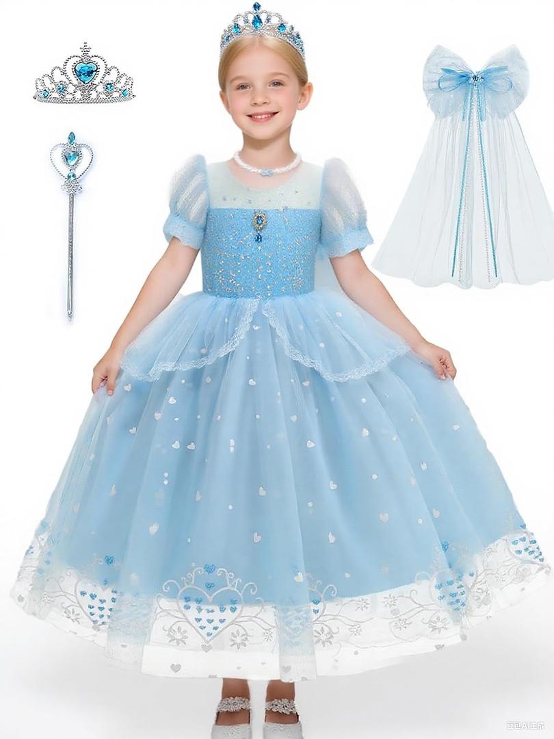 Girls Princess Dress with Crown Magic Wand Cape Princess Costumes for Party Cosplay (7-8 Years, Blue)