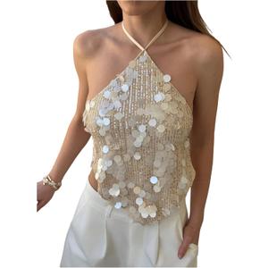 MakeMeChic Women's Sequin Halter Tops Sparkly Backless Sexy Cute Summer Camisole Top (Apricot), Size: X-Small