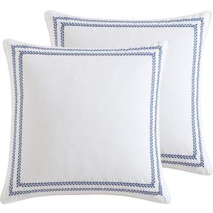Laura Ashley - Euro Shams, 100% Smooth Cotton with Envelope Closure, Throw Pillow Cover for Bed or Couch, Oeko-Tex Certified, Set of 2 (Stitched Vine Blue, 26" x 26")