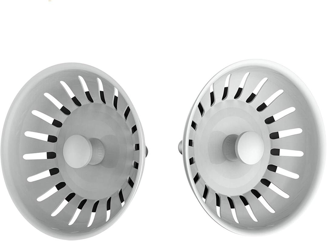 KANARY Kitchen Sink Basket Strainer Replacement for Standard Drains (3-1/2 Inch) Stainless Steel Body with Rubber Stopper (Pack of 2, White)