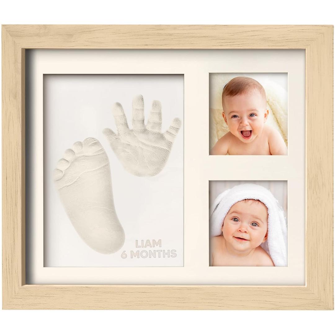 Baby Hand and Footprint Kit - Quick Dry Clay Baby Footprint Kit, Pets Paw, Newborn Keepsake Picture Frame for Boys, Girls, Personalized New Mom Gifts for Shower & Registry, Grandparents (Ash Wood) (Solo Keepsake Frame, 11" x 8.8")