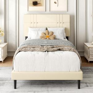 Upholstered Twin Bed Frame with Adjustable Headboard and Sturdy Wooden Slats, Non-Slip and Noise-Free Design No Box Spring Needed Easy Assembly Light Beige