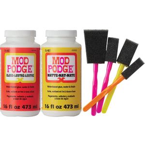 Mod Podge Complete Decoupage Kit-Two 16oz Bottles Waterbase Sealer/Glue (Matte Gloss Finish) with 4-pk Foam Brush Set, Clear