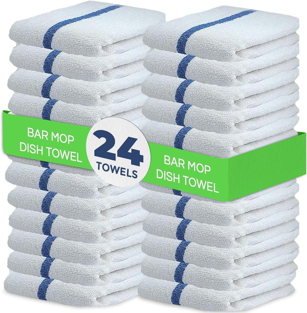 Towels N More 24 Pack 16x19 Bar Mop Towels High Absorbent Cotton Reusable Kitchen Towels  Quick Drying Towels for Chef, Cook, Home, Restaurant, Bar Glass Cleaning Towels (24, Blue Stripe)