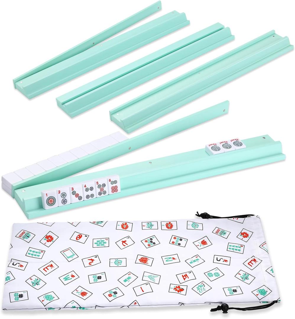 50cm Mahjong Racks with Pushers, Mint Green Wooden American Mahjong Tile Pushers & Racks Set of 4, with White Printed Mahjong Racks Drawstring Bag, Mahjong Accessories, 50 x 6.5 x 2.7 cm