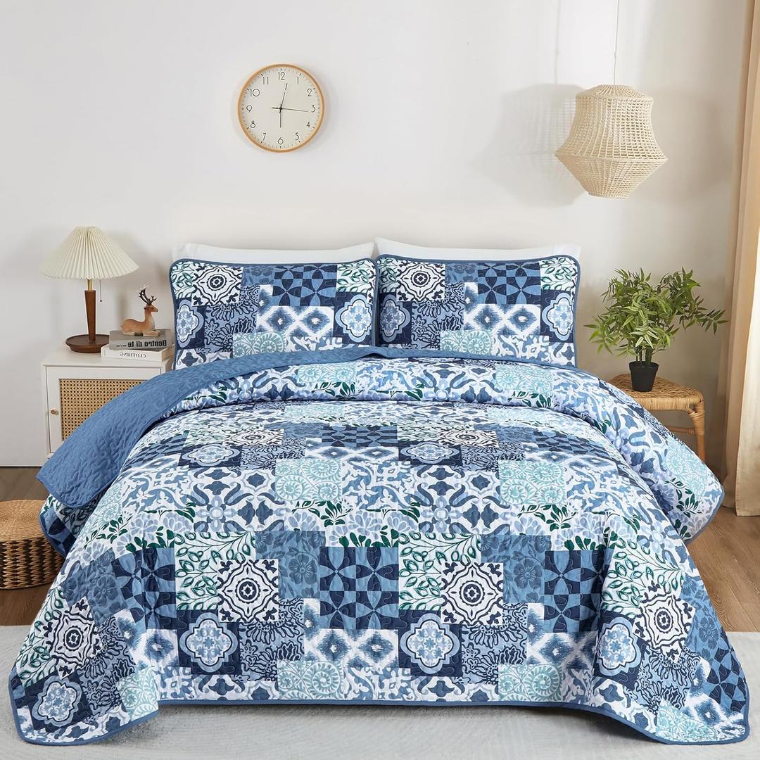 Mybedsoul Blue Quilt Set King Size, 3 Pieces Patchwork Bedspread Set Geometric Plaid Bedspread Coverlet Set Soft Microfiber Reversible Lightweight Bedding Set for All Season 110" x 90"