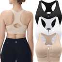 Evercute Women's Zip Front Sports Bras Wireless Padded Racerback Medium Support Post-Surgery Bra Yoga Exercise Athletic Bras (XX-Large, Black White Flesh 3 Pack)