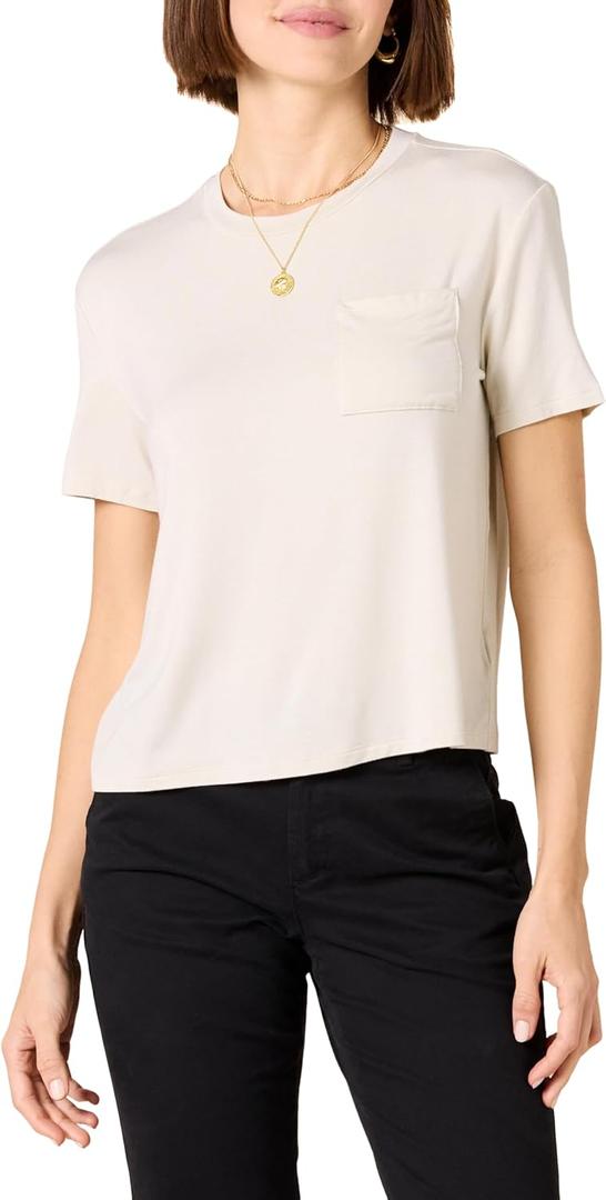Amazon Essentials Women's Jersey Relaxed-Fit Short-Sleeve Crewneck Pocket T-Shirt, Pack of 2 (Medium)