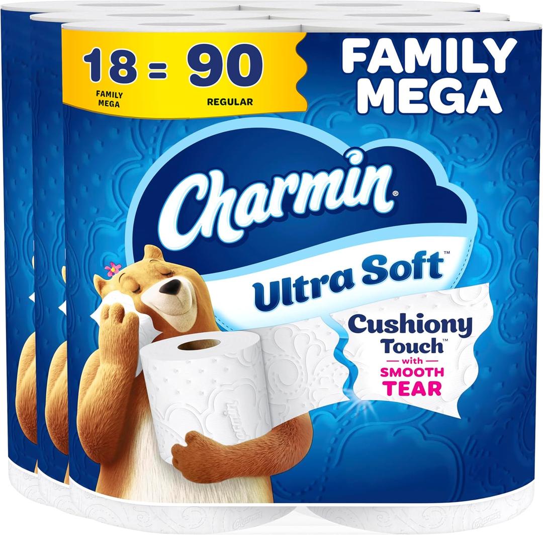 Charmin Ultra Soft Cushiony Touch 2-Ply Toilet Paper, 18 Family Mega Rolls = 90 Regular Rolls, White