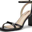 IDIFU Black Strappy Heels for Women Low Short Block Chunky Heeled Sandals Square Open Toe Cross Toe Straps Prom Graduation Dress Shoes Cute Trendy Formal Ankle Strap Dressy Heels(Black Patent, 7.5)
