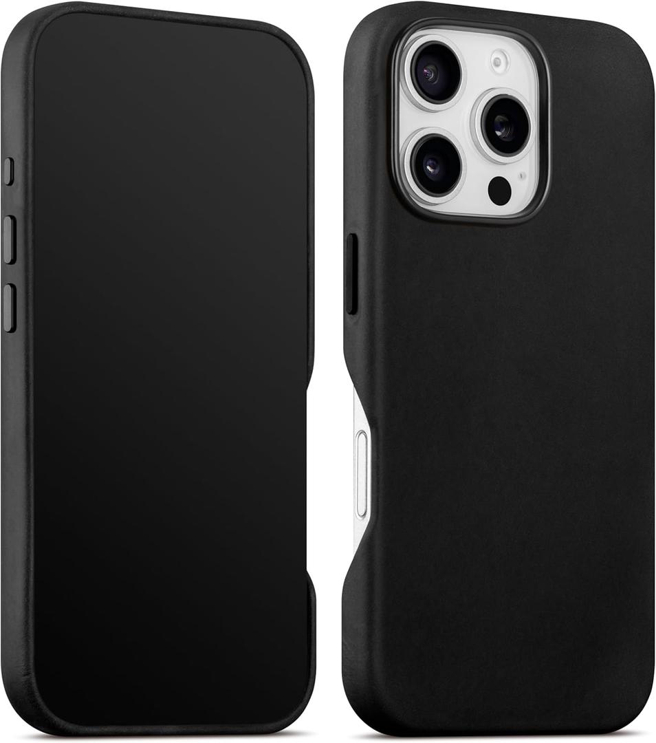 maogoam for iPhone 16 Pro Max Case Leather 6.9 inch, Compatible with MagSafe, Genuine Vintage Crazy Horse Leather, Metal Buttons & Camera Bump Frame, Indiana-Jones Style, Black (Black)