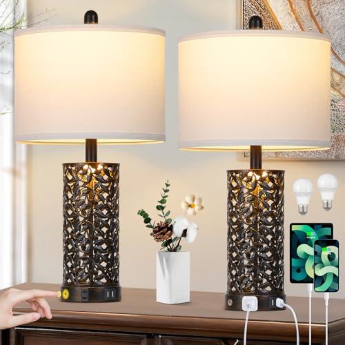 Cinkeda Vintage Lamp for Living Room Set of 2,Rustic Retro Bedside Nightstand Lamps with 2 USB Ports & AC Outlet,Touch Control Industrial Desk Lamp for Bedroom Entryway,Black with Bronze Bruch