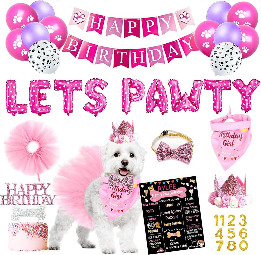 Dog Birthday Party Supplies, Dog Birthday Decorations Girl, Lets Pawty Balloons Banner, Dog Birthday Hat Bandana Tutu Skirt, Girl Dog Birthday Outfit for Small Medium Dogs pink