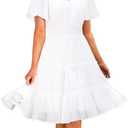 Zattcas Women 2026 Sping Summer Dress V Neck Smocked Waist Casual Flowy A Line Tiered Work Knee Length Dresses, White, Large