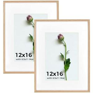 Atryinous 12x16 Frame Set of 2, Solid Oak Wood 12 x 16 Picture Frames with Plexiglass Display Poster 8.5x11 with mat or 12x16 without matte Wall Hanging Collage frame Wall Decor