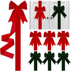 Aneco 6 Pack Christmas Door Ribbon and Bows, Large Christmas Velvet Cabinet Door Bows and Ribbons, Festive Velvet Bow with Hook-and-Loop Fastener for Cabinets Furniture Xmas Party Decor, Red and Green