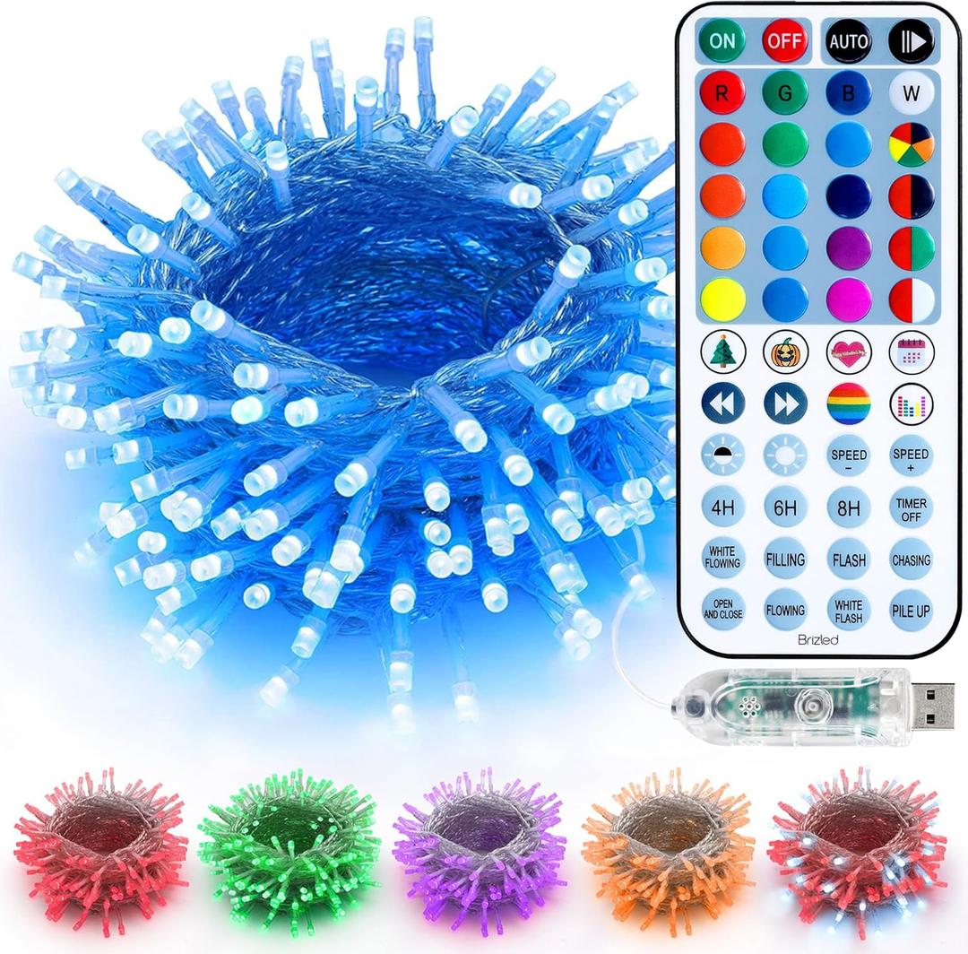 Brizled Color Changing String Lights, 33ft 100 LED Red Mini Lights with Remote, Dimmable RGB Lights String Clear Wire, Indoor USB Twinkle Light for Christmas Halloween Year-Round Decor