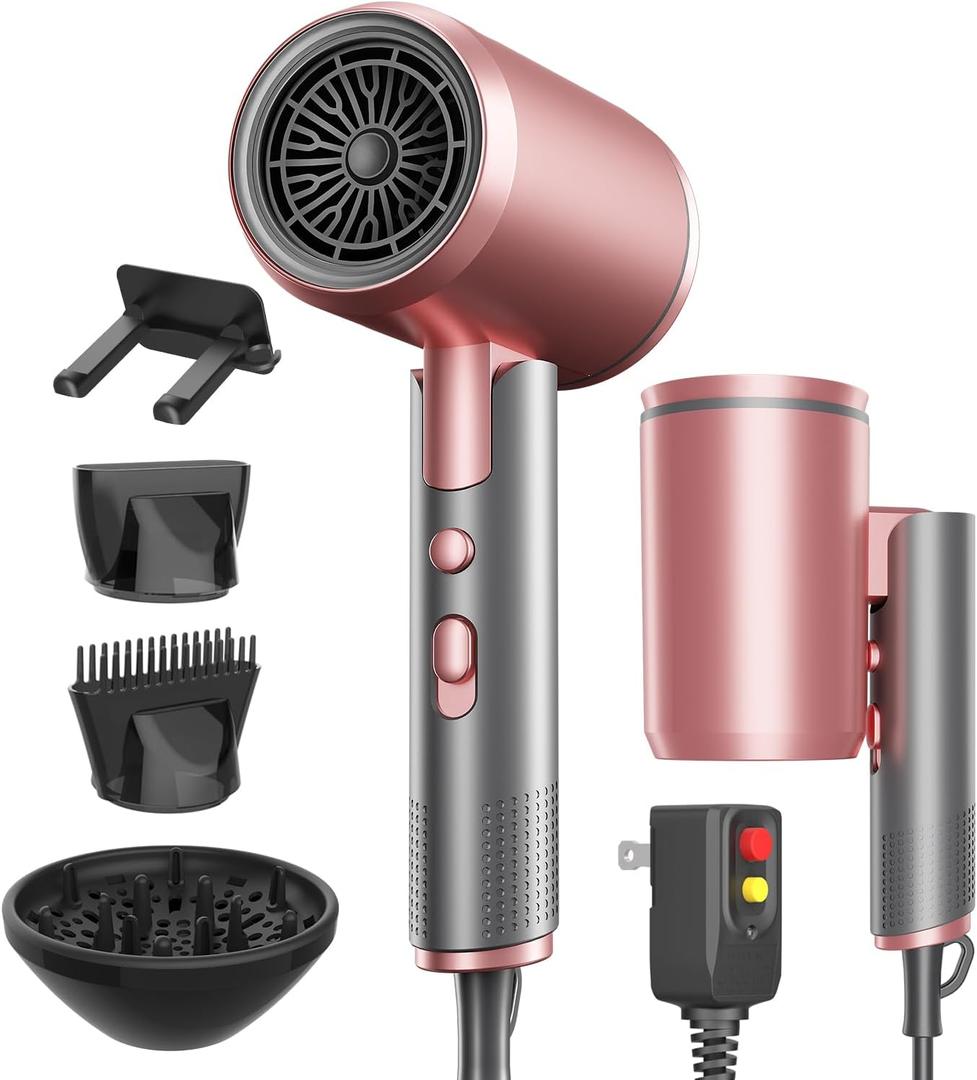 Foldable Portable Ionic Hair Dryer 1600W - Compact Mini Blow Dryer with Diffuser, Concentrator & Comb Nozzle, Intelligent Temperature Control, Low Noise for Home, Salon & Travel (PinkGrey)