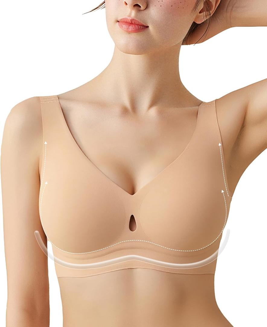 Popilush Bras for Women No Underwire Push Up Bra Seamless Wireless Bralettes with Support Comfortable Minimizer Bra (Small, Skin)