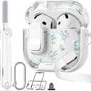 With Safety Lock for Apple AirPods 4 Case,Clear Floral Cute AirPod 4th Generation Case with Phone Stand & Cleaning Kit for Women Girly-Blue Narcissus