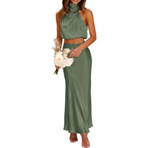 PRETTYGARDEN Women's 2 Piece Satin Outfits Summer Sleeveless Mock Neck Crop Tops and Long Skirt Dress Sets (Green, S)