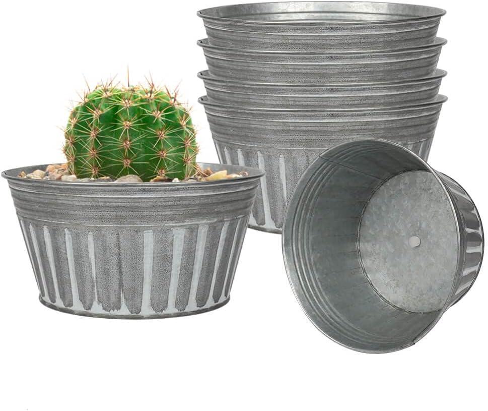 vensovo 6 Inches Silver Metal Rustic Plant Pots - 6Pcs Shallow Galvanized Planters with Drain Hole and Rubber Plug, Rustproof Tin Bucket Succulent Pot Indoor Farmhouse Vintage Style for Decor