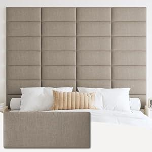 IFNOW Upholstered Wall Mounted Headboard, 3D Soundproof Wall Panels Peel and Stick Headboard for Queen Size, Reusable and Removable Tufted Bed Headboard in Linen(9 Panels, 10" x 24")