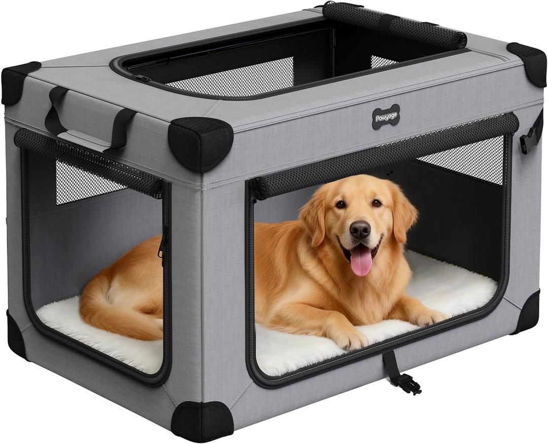 42 Inch Foldable Dog Crate with Plush Mat, Soft Dog Kennel 5 Mesh Windows Cationic Fabric Soft Side Dog Crate for Extra Large Dogs Travel and Home