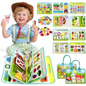 Busy Book for Toddlers - Farm Montessori Toys Busy Board for Boy Girl Gifts Educational Learning Activity Book Toddler Airplane Travel Toy Birthday Gift (Light Green)