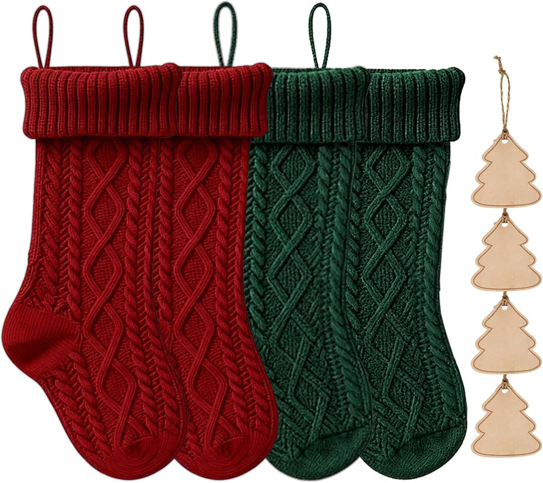 Roycraft Christmas Stockings Knitted Set of 4 Fireplace with Hanging Ornament for Family Decorations Holiday Xmas Gift (Double Cable Knit)