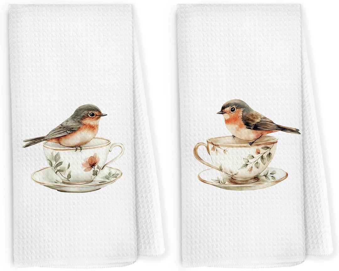 Vintage Floral Brown Birds Kitchen Dish Towels 16x24 Inch Set of 2, Bird Tea Cup Gift for Bird Lover, Cute Nature Birds Dish Towel Flower Decorative Hand Towel Tea Towels for Kitchen Home