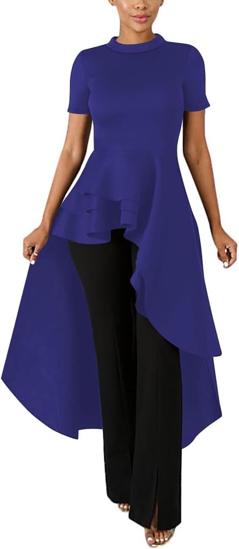 Lrady Womens Casual Shirt Dress High Low Irregular Ruffle Hem Blouse Asymmetrical Peplum Long Tunic Tops (Blue, S)