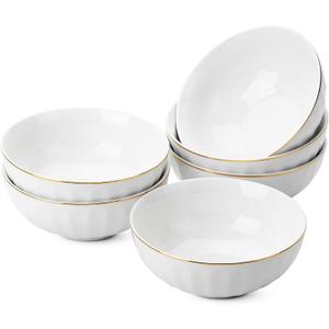 Brew To A Tea BTaT- Soup Bowls, Set of 6, 16 Ounces, White Porcelain with Gold Trim, Bowls for Kitchen, Kitchen Bowls, Salad Bowls, White Bowls, White Cereal Bowls, Breakfast Bowls, Bowl Set