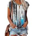 Kistore Womens Summer Casual V Neck Cap Sleeve Keyhole Tops Short Sleeve Business Work Tunic Blouses T-shirts Technological Blue and White X-Large