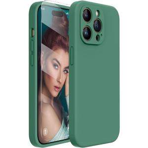 Miracase Designed for iPhone 14 Pro Max Phone Case with Screen Protector,[Upgraded Enhanced Camera Protection],Shockproof Liquid Silicone Case with Microfiber Lining,6.7 inch, Acacia Green