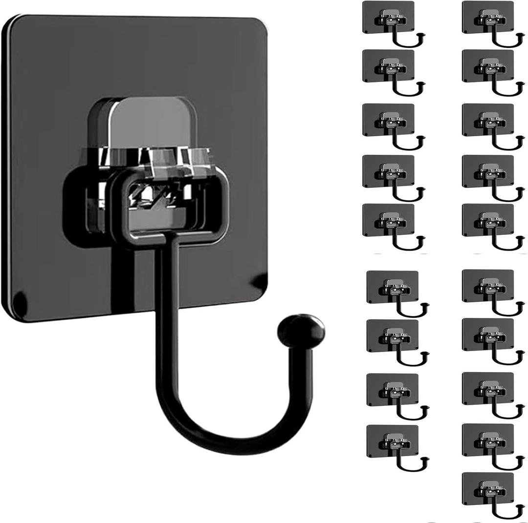 Large Adhesive Hooks, 20 Black Heavy-Duty 40 lb Adhesive Wall Hooks, Waterproof, Rustproof, Ideal for Hanging, Suitable for Bathroom, Kitchen, Home, Ceiling and Window