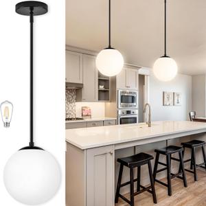 Bagood 10 Inch Globe Pendant Light Contemporary Globe Pendant Lights Black Mid Century Pendant Light Adjustable Hanging Light Fixture Matte Black Finished with Milk Glass Lampshade for Kitchen Island