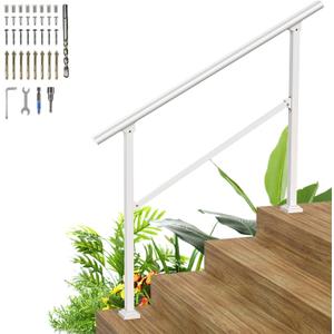 4 Steps Heavy Duty Metal Handrail - White Wrought Iron Railing for Wooden & Concrete Steps - Hand Rails for Indoor/Outdoor Use