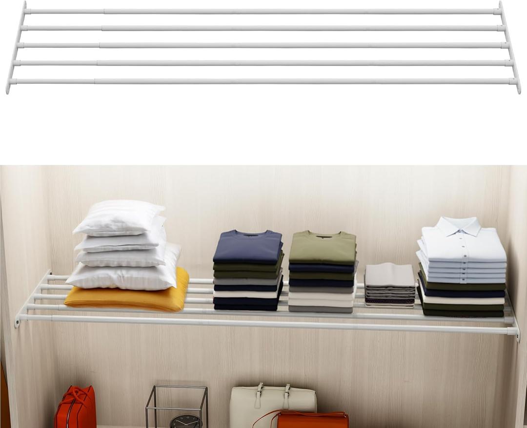 Expandable Closet Shelf Wall-Mounted Metal Storage Rack Adjustable Closet Rod DIY Divider Separator Space Saving for Cabinet Wardrobe Cupboard Kitchen Pantry Cupboard, 45.8-56.5 Inches