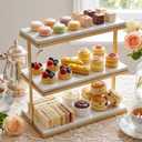 Yungyan 3 Tier Marble Charcuterie Board White and Gold Frame Stand Marble Cake Stand Versatile Serving Display Tray for Weddings Showers Anniversaries Parties Modern Home Decoration, 13.78 x 11.81 x 6.69 In