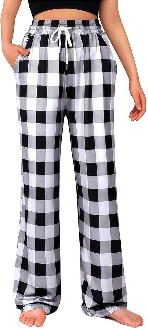 Womens Pajama Pants Comfy Plaid Lounge Pants Casual Stretch Sleepwear Bottoms with Pockets (Black)
