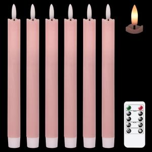 GenSwin Flameless Pink Taper Candles Flickering with 10-Key Remote, Battery Operated Led Warm 3D Wick Light Window Candles Real Wax Pack of 6, Christmas Home Wedding Decor(0.78 X 9.64 Inch)