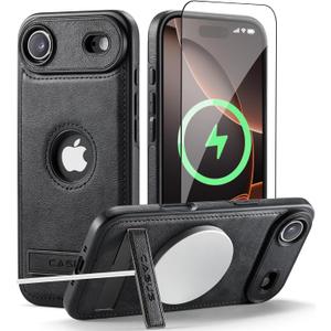 Casus Designed for iPhone Air Case Compatible with MagSafe Kickstand Vegan Leather Classic Luxury Elegant Thin Protective Cover with Tempered Glass Screen (2025) 6.5" - Black