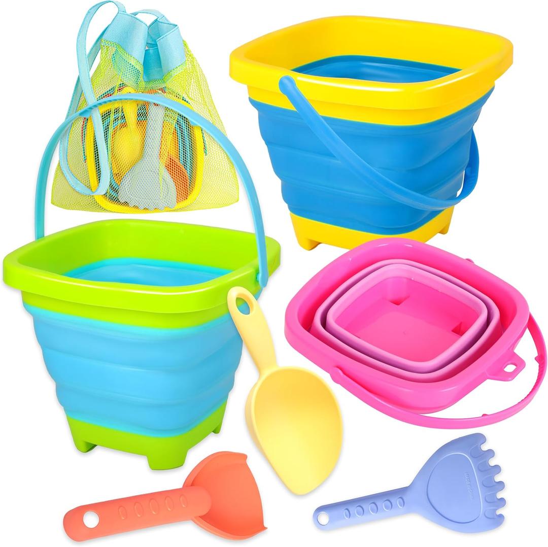 Xgunion Collapsible Beach Sand Bucket 3 Packs Foldable Buckets Set with Shovels & Mesh Bag Collapsible Beach Toys for Kids Summer (Yellow, Blue, Green, Pink, Medium)